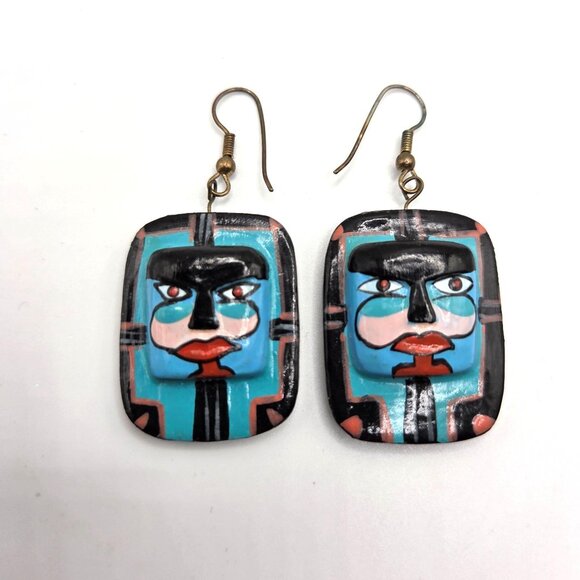 Vintage Earrings Hand Painted Tribal Masks Turquoise Blue Black Aztec Southwest - Picture 2 of 3